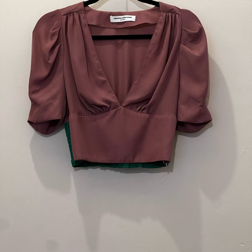 Amanda Uprichard Pink Puff Sleeve Cropped Blouse